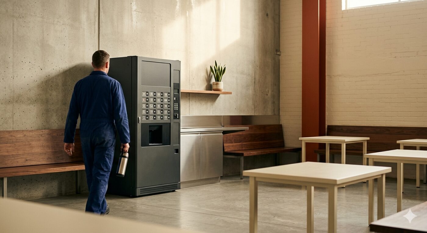 Worker in navy overalls walking toward a heavy-duty industrial vending machine in a clean factory canteen.