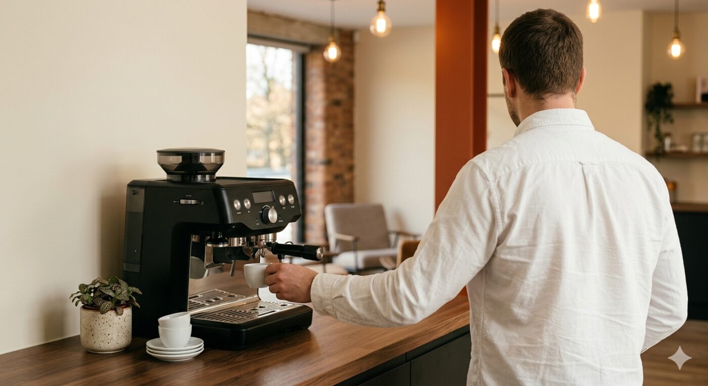 Person at a wooden office breakout counter pouring an espresso from a premium bean-to-cup machine.