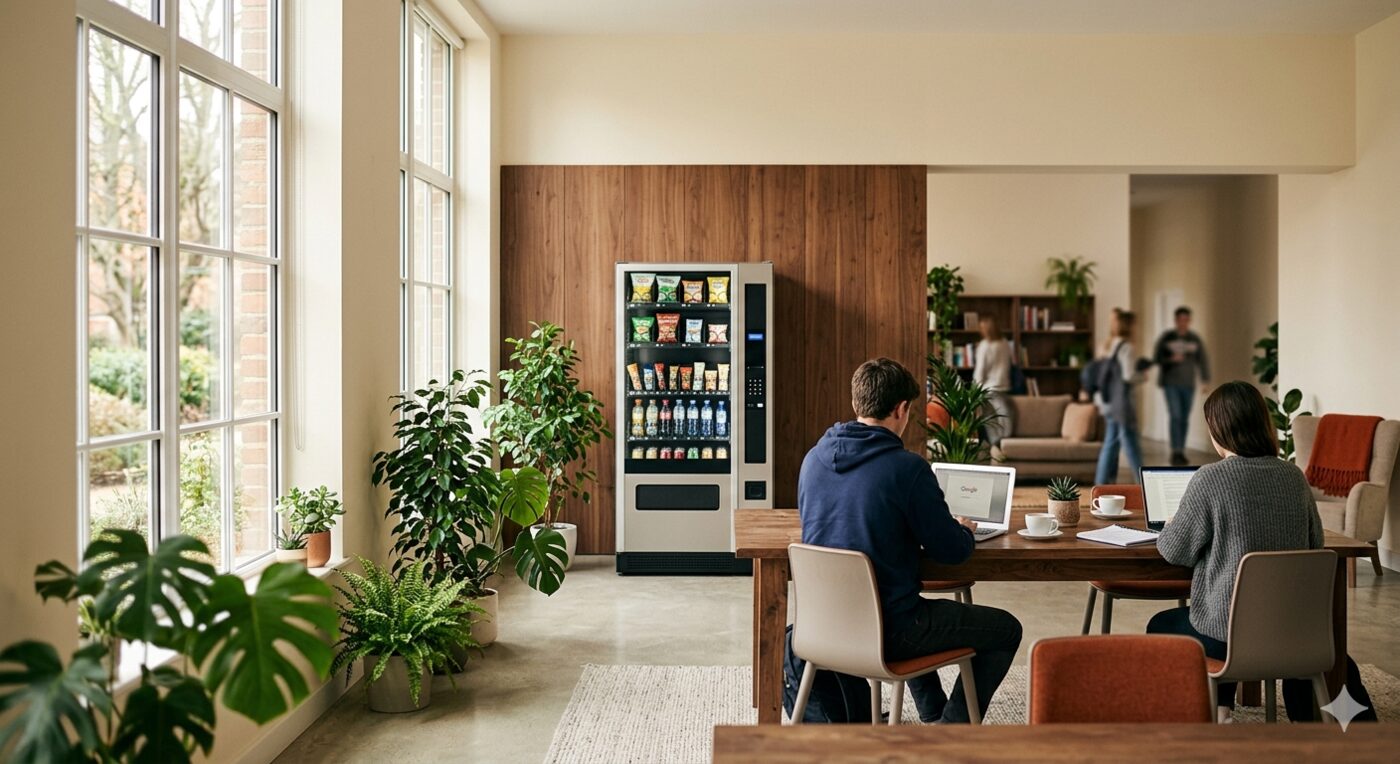 Bright university common room with a snack vending machine against a wood-clad wall and students working at a table.